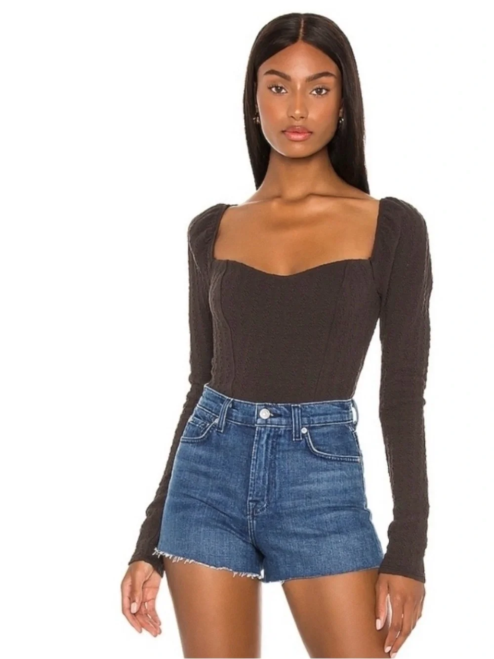 Free People Brittany Top Black Puff Sleeve Square Neck Tie Back Size L